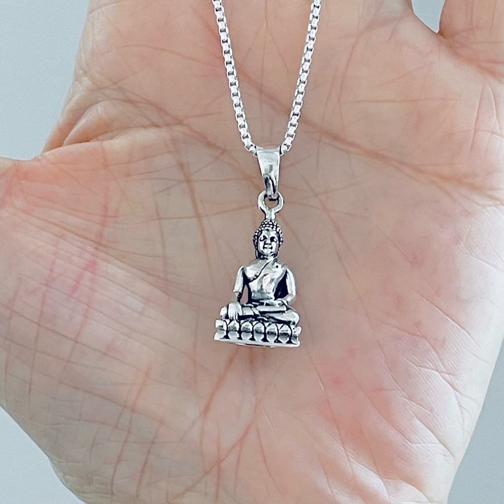 Sterling Silver Buddha Necklace, Silver Chain, Religious Yoga Jewelry, OM Chains